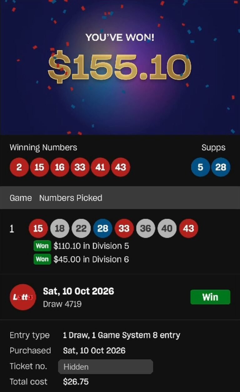 Saturday Lotto win screenshot